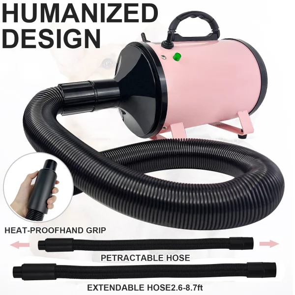 Extendable hose of the professional dog hair dryer, showing its length