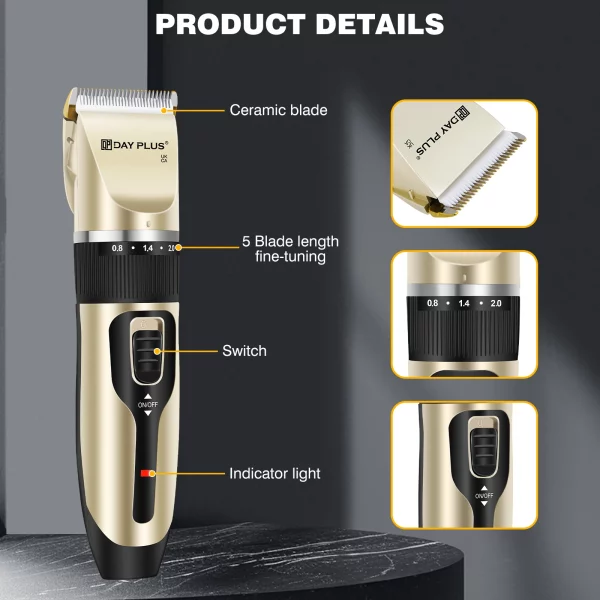 Close-up view of the sharp stainless steel blades on the pet hair trimmer