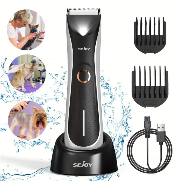 Close-up of black pet hair clippers with charging dock