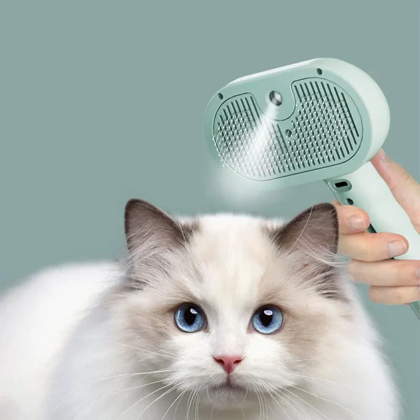Green 3-in-1 cat steam brush showing the water reservoir