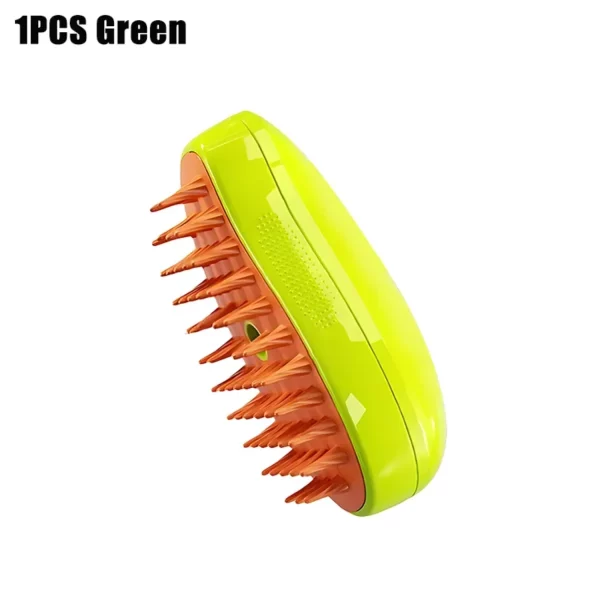 Close-up of soft bristles and steam spray on pet comb