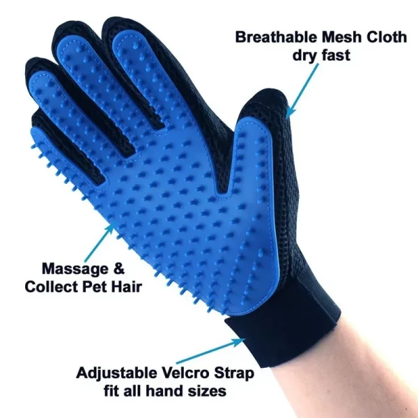 Flexible silicone pet grooming glove on hand
