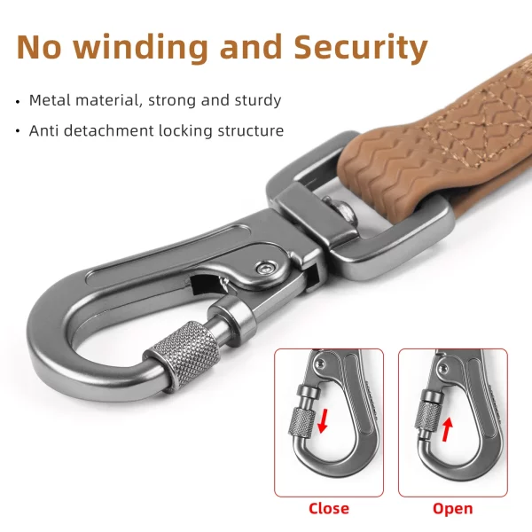 Close-up of the heavy-duty metal swivel clip on a dog leash