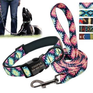 Personalized dog collar and leash set, close-up of nylon material
