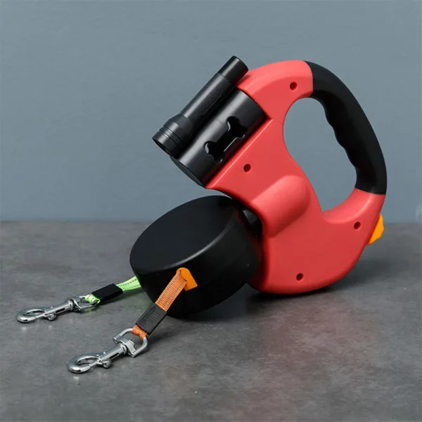 Dual dog leash, showing two dogs attached, walking context