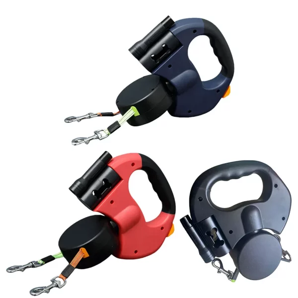 Dual dog leash, angled view of the handle and overall design, product shot