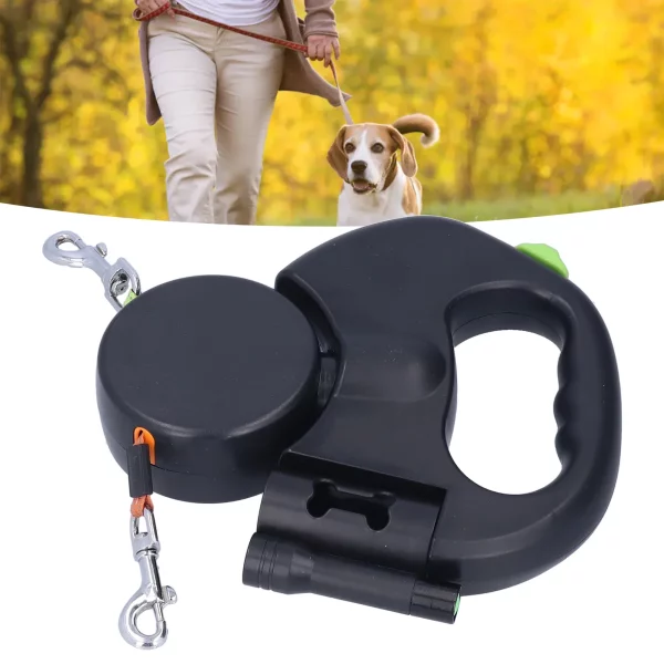 Side view of the retractable double dog leash, highlighting its ergonomic design.