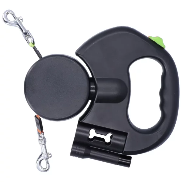 Waste bag dispenser compartment on the retractable double dog leash.