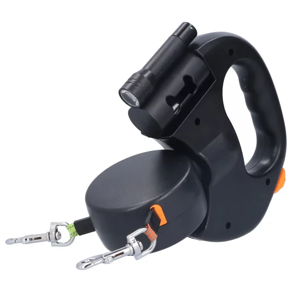 Integrated LED flashlight on the retractable double dog leash.