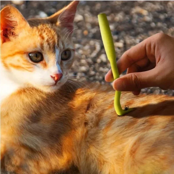 Demonstration of using the flea and tick remover tool on a pet's fur.