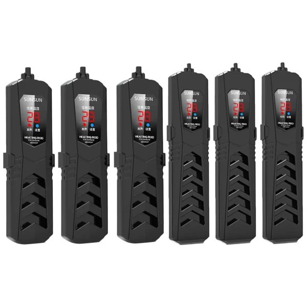 Multiple submersible fish tank heaters shown from different angles