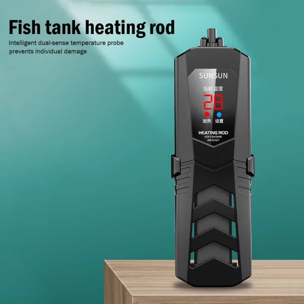 Fish tank heater submerged in water, showing suction cup attachment