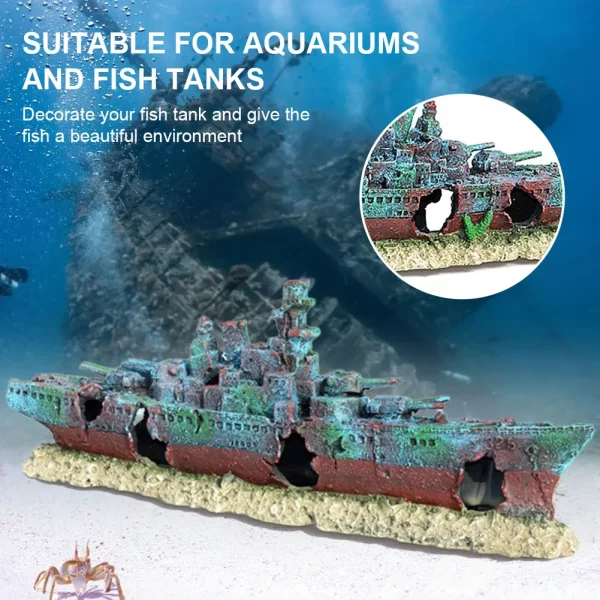 Sunken warship ornament for fish tank, rear angle