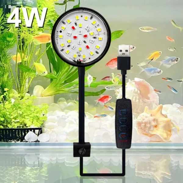 Close-up of the USB clip on aquarium light's adjustable gooseneck and LED panel.