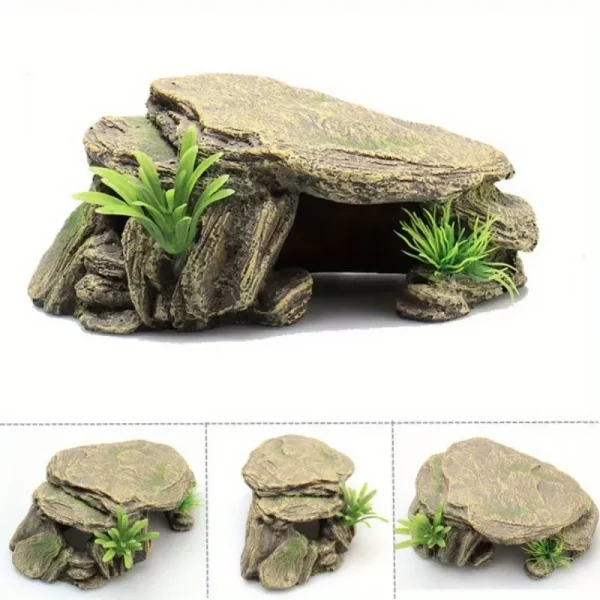 Front view of a realistic rock-style turtle tank decoration