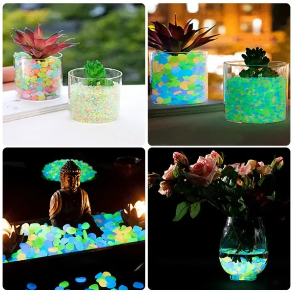 A fish tank illuminated by glowing pebbles at the bottom