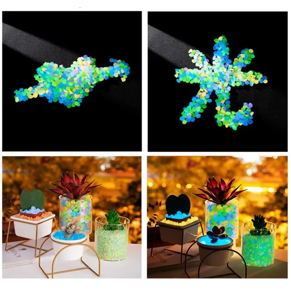 A garden bed with glowing pebbles creating a luminous border