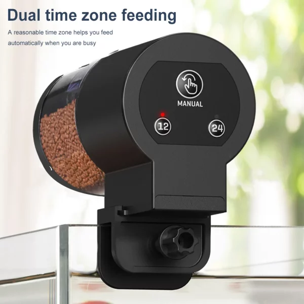 Detail showing the adjustable food outlet for portion control on the feeder