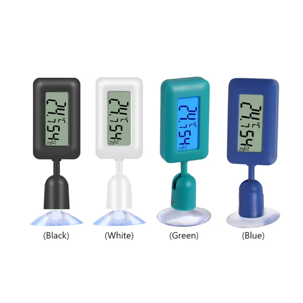 Close-up of digital reptile thermometer display and suction cup