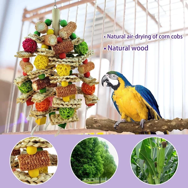 Parrot interacting with a rattan ball chew toy hanging in its cage