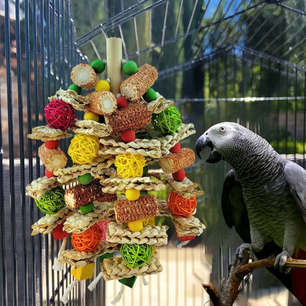 Detailed view of the corn cob and wooden bead components of a bird toy