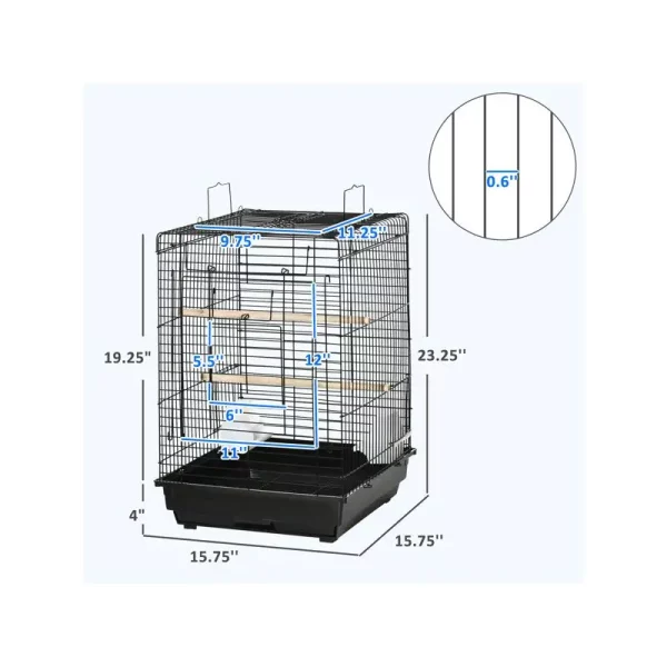Side view of a black bird cage for small birds, highlighting the easy-access large front door.