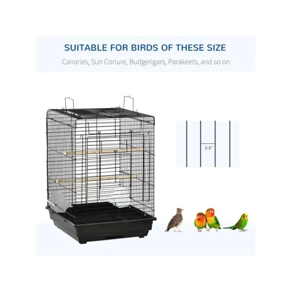 Top view of a bird cage for small birds, showing the perch extending above the main enclosure.