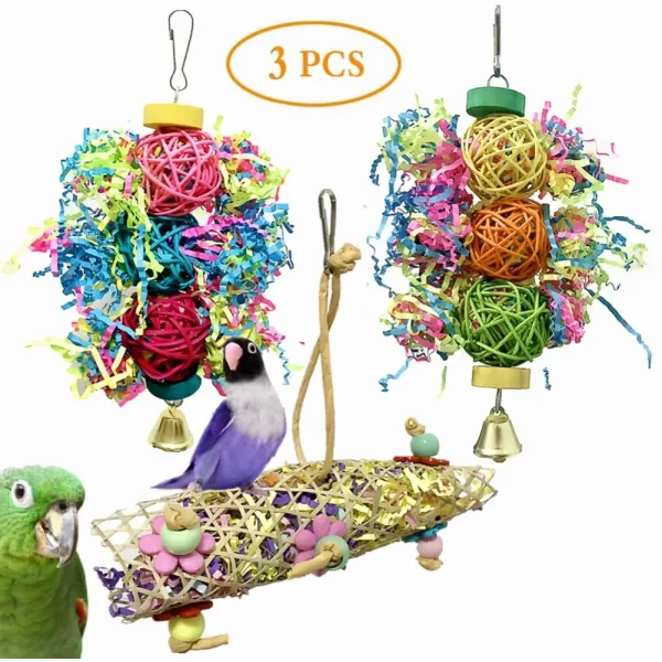 Close-up of a parrot toy made from natural bamboo and colourful cotton rope