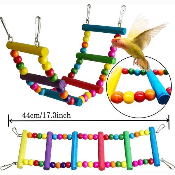 Wooden bird ladder toy with chewable elements and hanging bell