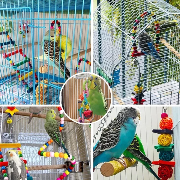 Detailed view of a wooden parrot toy with a metal hook and bell
