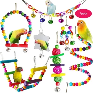 7PCS Bird Toy Wood Parrot Toys Set Cage Bird Accessories Swing Suspension Bridge Ball Cage Bells Pet Supplies, WHITE,