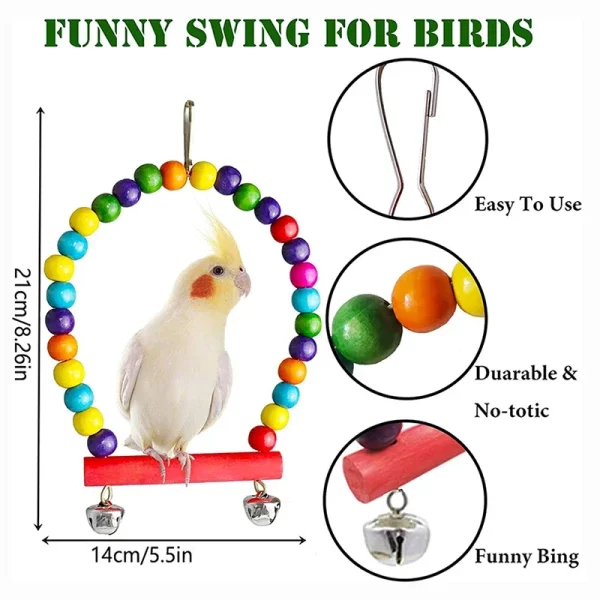 Close-up of a wooden bird swing toy with colourful beads and bells