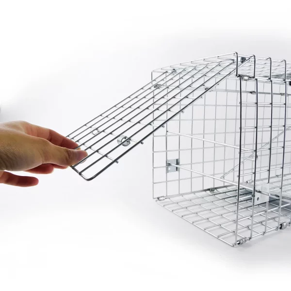 Galvanised mesh animal trap, showing construction detail