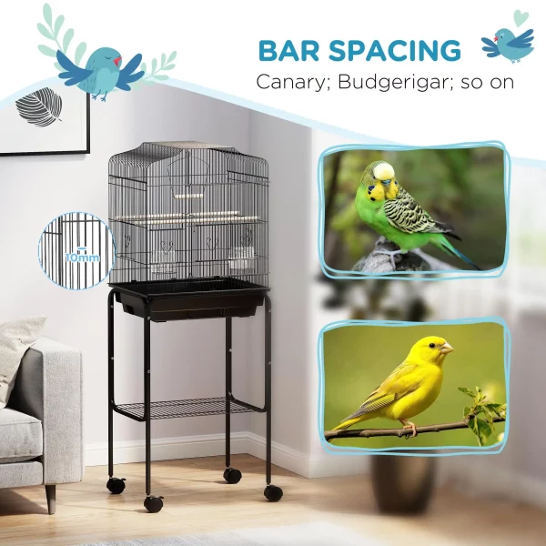 Close-up of the bird cage's sturdy stand with smooth-rolling wheels and a convenient bottom storage tray.