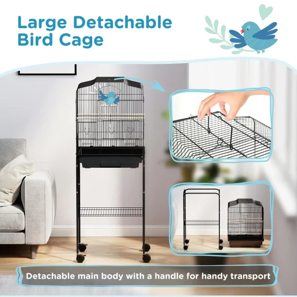 Interior of the bird cage with included feeding boxes and wooden swing for pet birds.