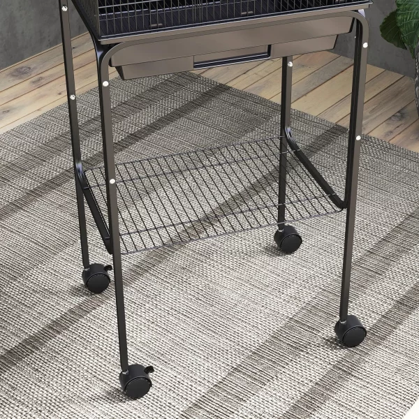 Side profile of the black bird cage, showcasing its vertical space and durable construction.
