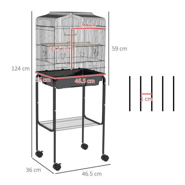 Complete bird cage setup with stand, highlighting its multi-level design and mobility features.