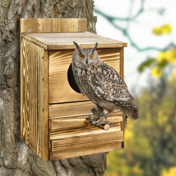 Side profile of the wooden screech owl house, highlighting its slanted roof and natural wood grain.
