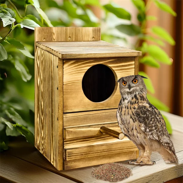 Close-up detail of the interior construction or perch of the wooden owl house.