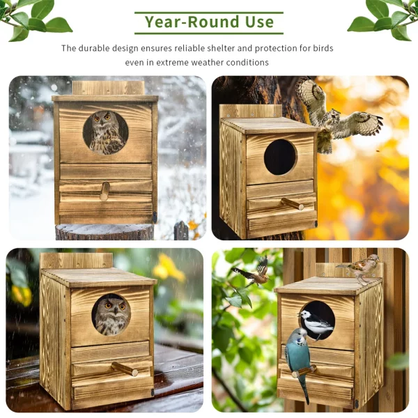 Another angle of the wooden screech owl house, showcasing its overall design and texture.