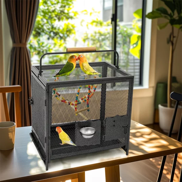 Bird cage with handle, showing portability and grip