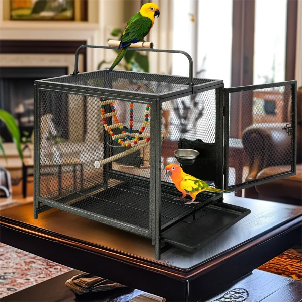 Close-up of the bird cage door latch and feeding bowls