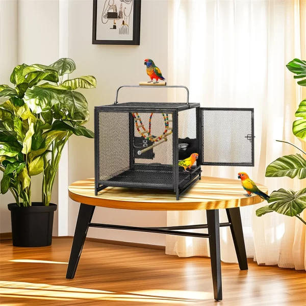 Interior of the bird cage with hammock toy and perch