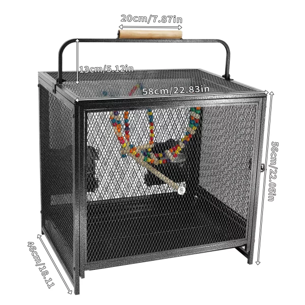 Interior of the metal bird cage playpen with colourful toys and perch
