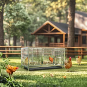 Stainless steel chicken coop exterior view with anti-UV cover