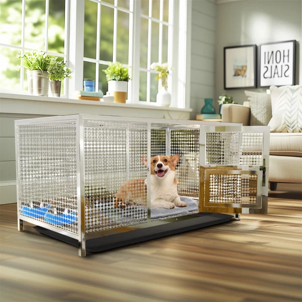 Close-up of the stainless steel frame and mesh of the chicken coop