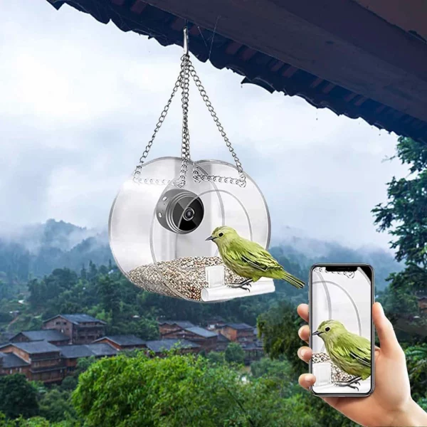 Close-up view of the 1080P HD camera lens integrated into the acrylic bird feeder.
