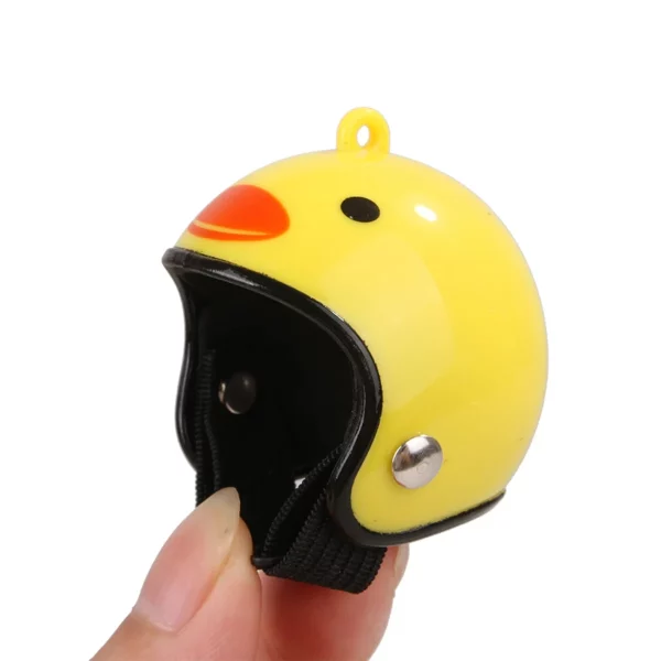 Bird comfortably wearing a small, adjustable helmet