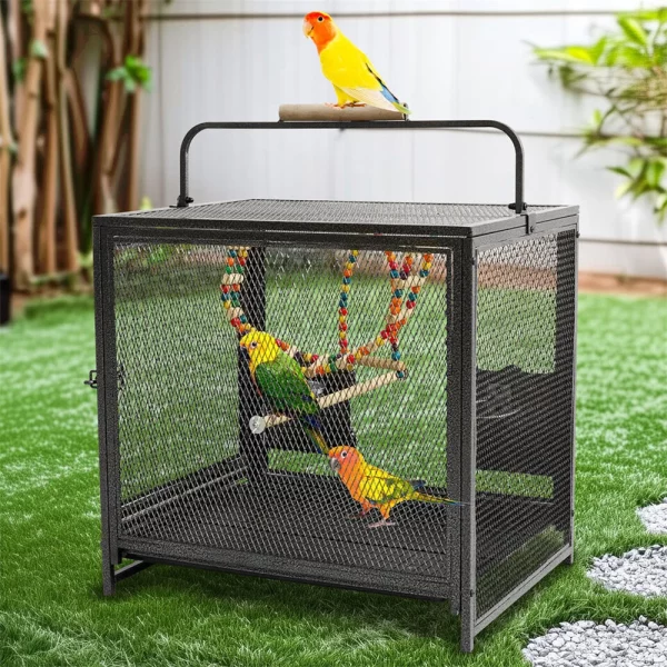 Side view of the bird cage showing diamond mesh and door latch detail