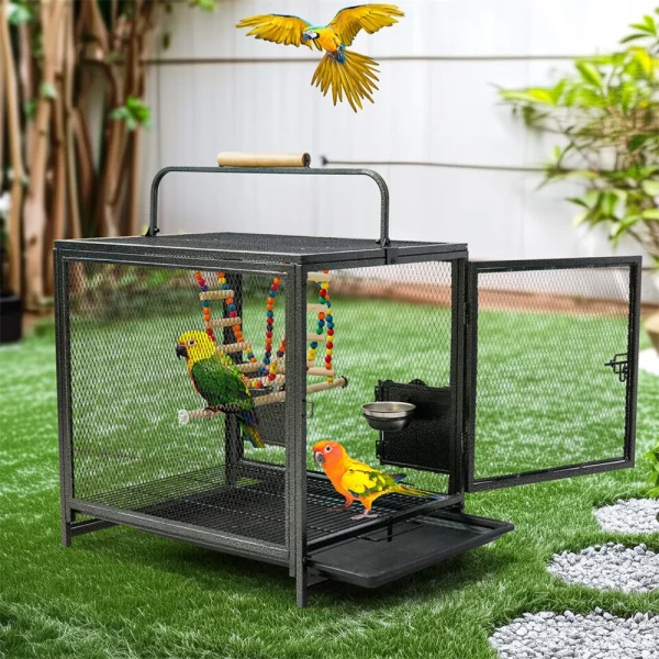 Front view of the black heavy duty bird cage travel carrier with handle and perch
